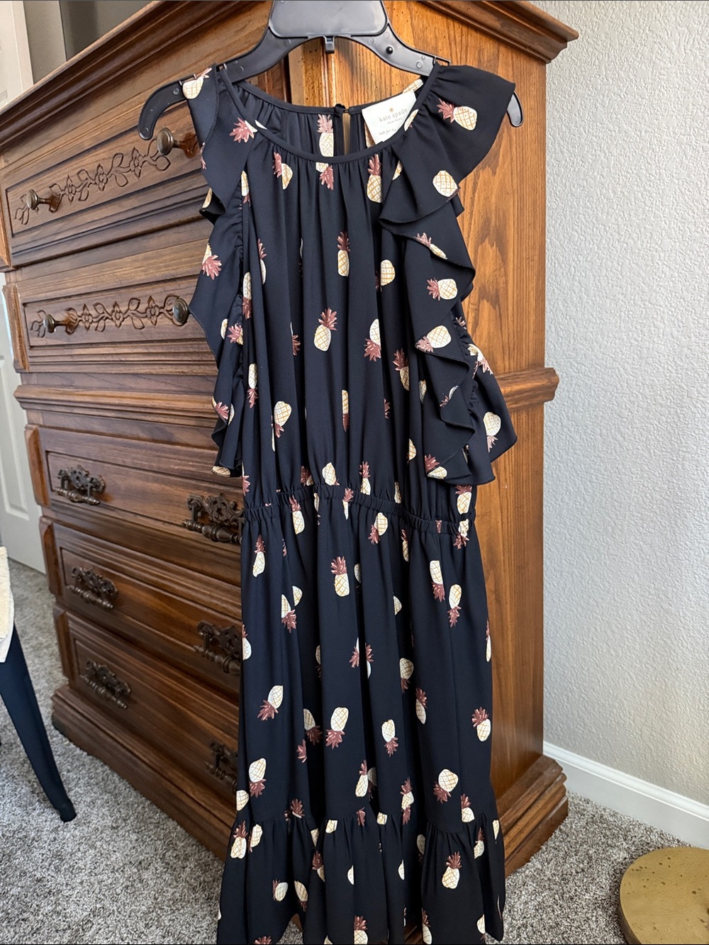 kate spade Black Pineapple-Print Maxi Dress with Ruffle Sleeves - Picture 5 of 8